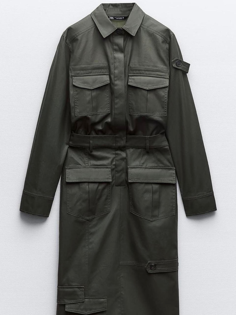 Zara Dark Olive Green Button-Front Utility Dress